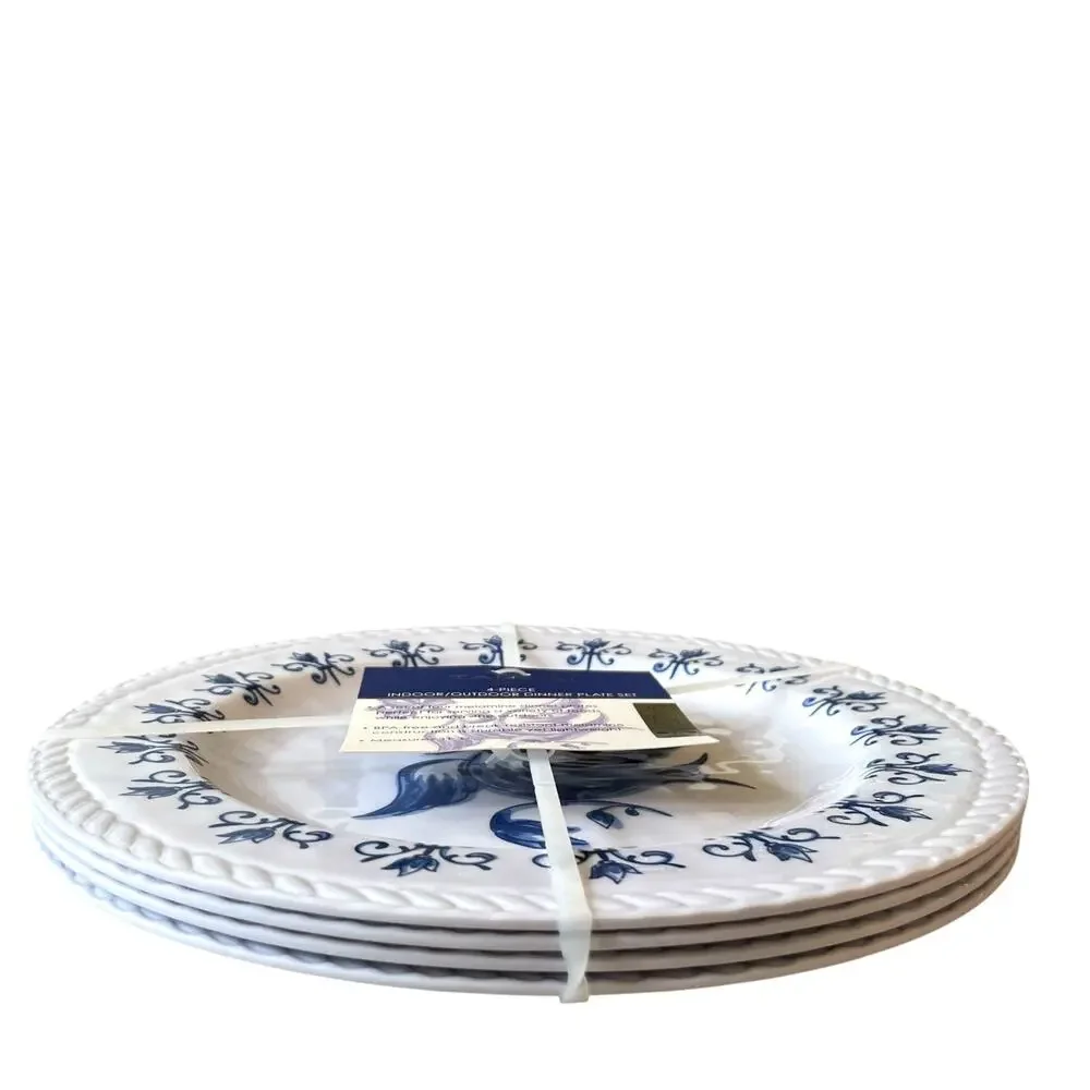TAHARI Dove Bird of Peace Melamine Dinner Plates 11in  Set of 4 Blue & White NEW